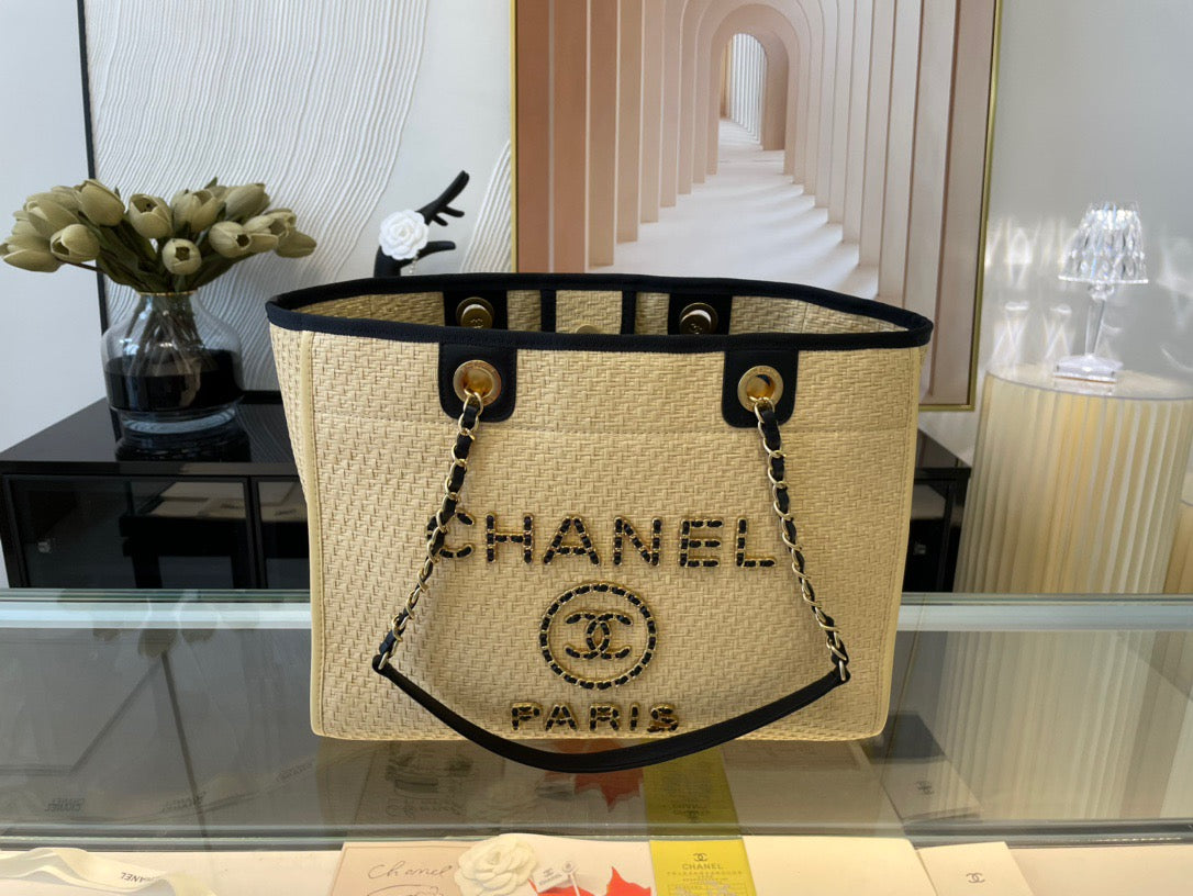 CHANEL Beach Tote Bag In Light Yellow with Gold Tone Chain Link