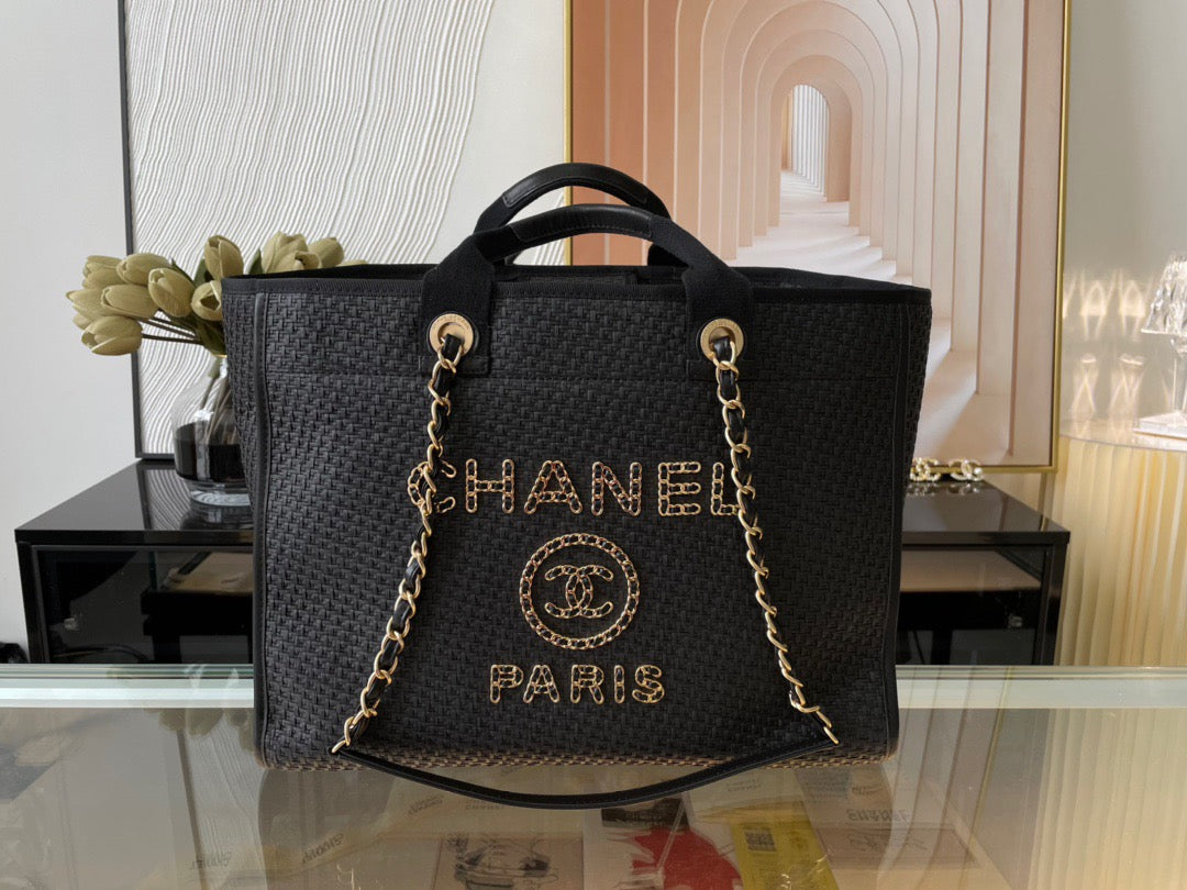 CHANEL Beach Tote Bag In Black with Gold Tone Chain Link