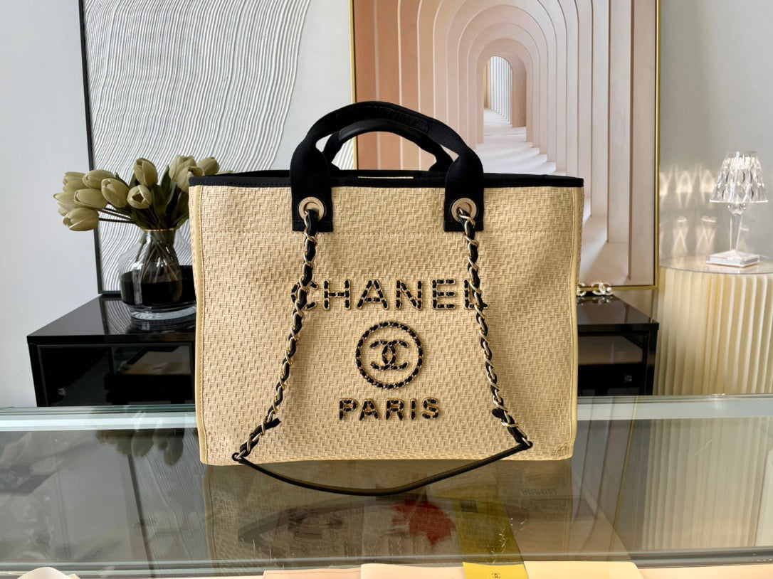 CHANEL Beach Tote Bag In Beige with Black Leather Straps