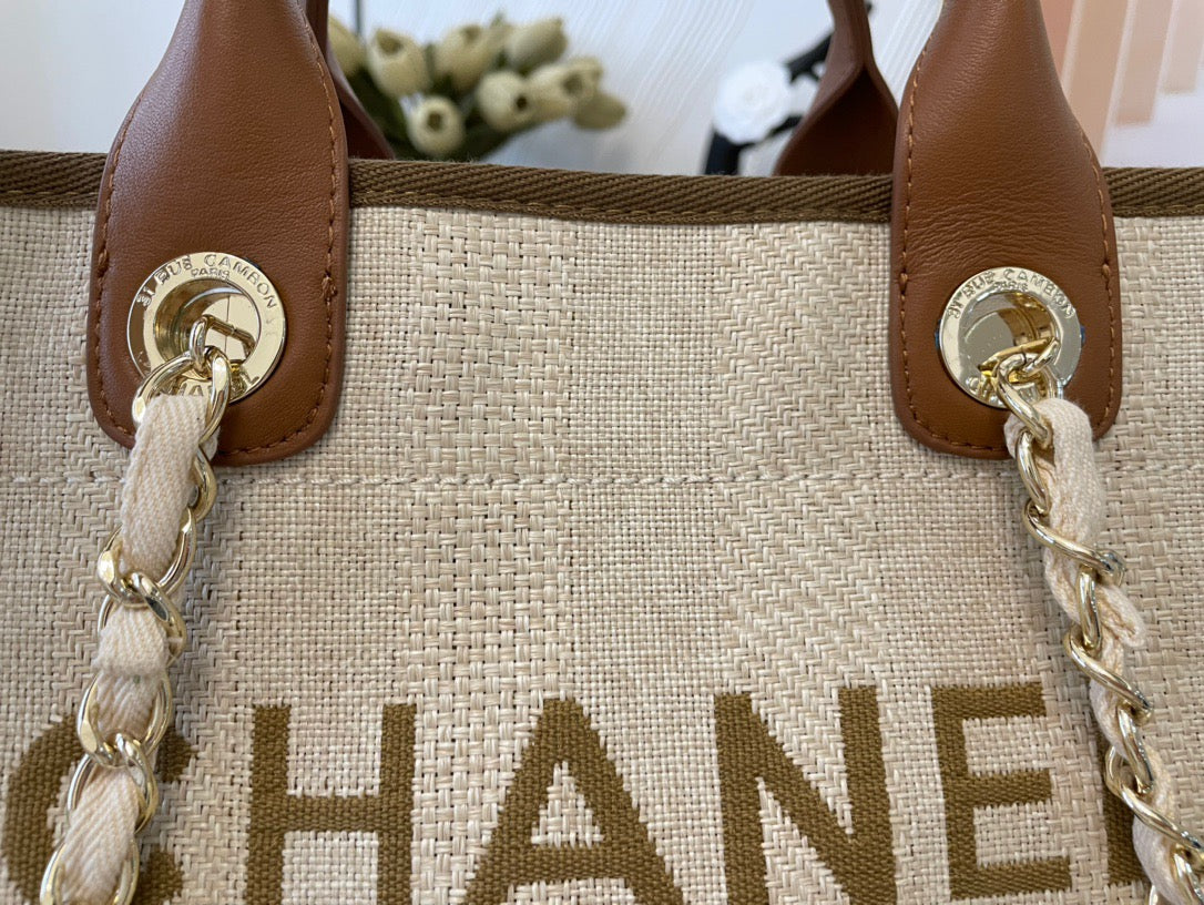 CHANEL Beach Canvas Tote Bag In Beige with Brown Shoulder Straps