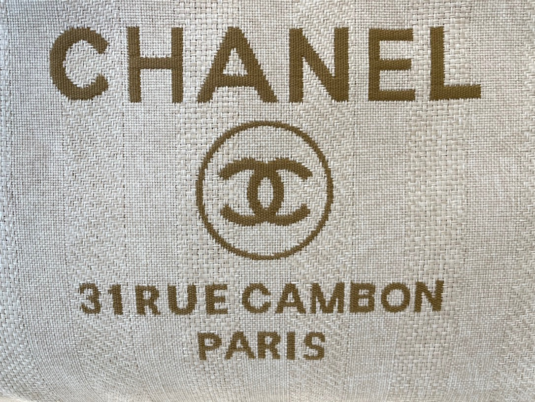 CHANEL Beach Canvas Tote Bag In Beige with Brown Shoulder Straps