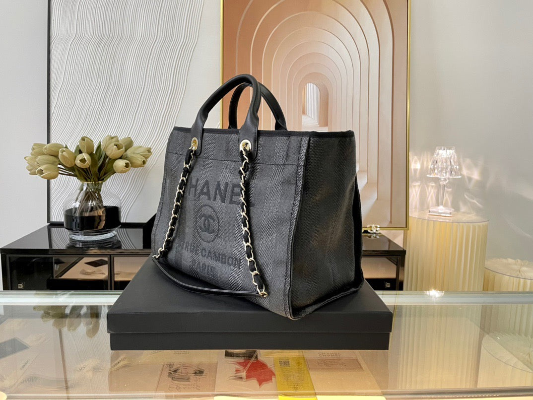 CHANEL Beach Canvas Tote Bag In Black With Leather Strap