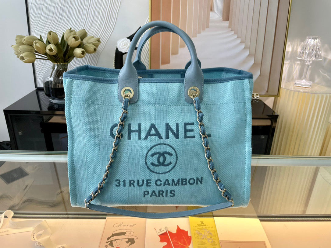 CHANEL Beach Canvas Tote Bag In Blue With Leather Strap