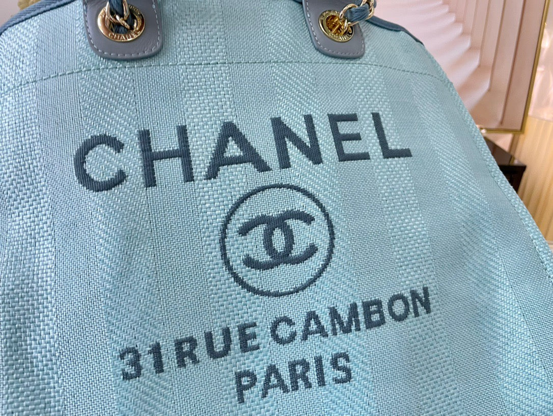 CHANEL Beach Canvas Tote Bag In Blue With Leather Strap