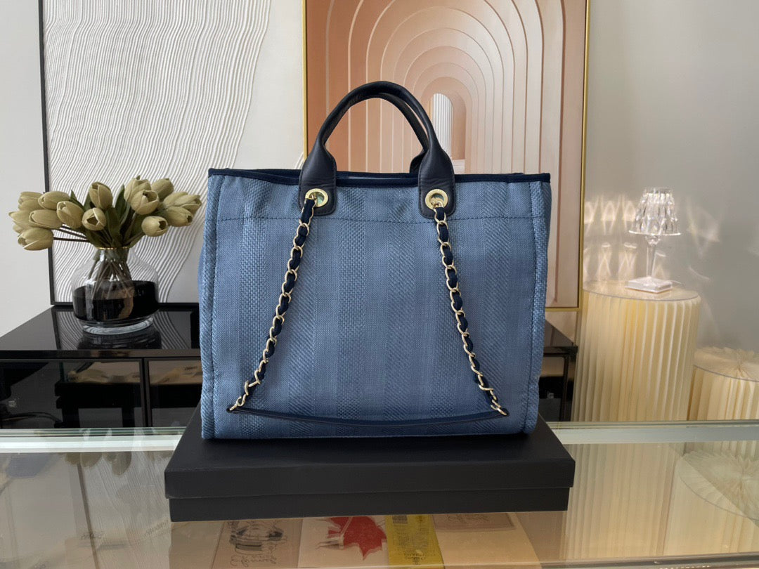 CHANEL Beach Canvas Tote Bag In Denim Blue With Leather Strap