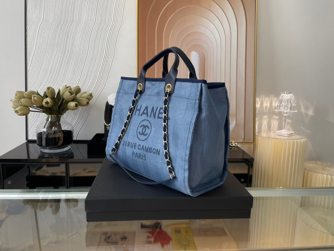 CHANEL Beach Canvas Tote Bag In Denim Blue With Leather Strap