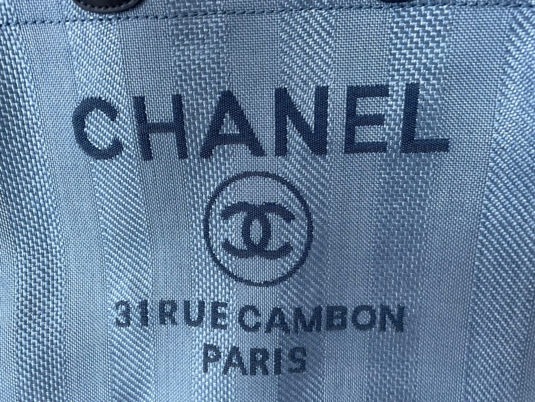 CHANEL Beach Canvas Tote Bag In Denim Blue With Leather Strap