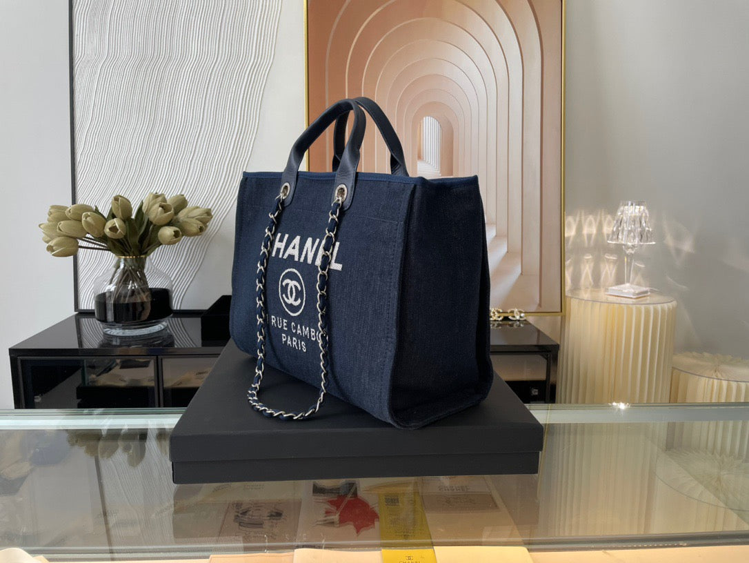 CHANEL Beach Canvas Tote Bag In Dark Blue With Leather Strap