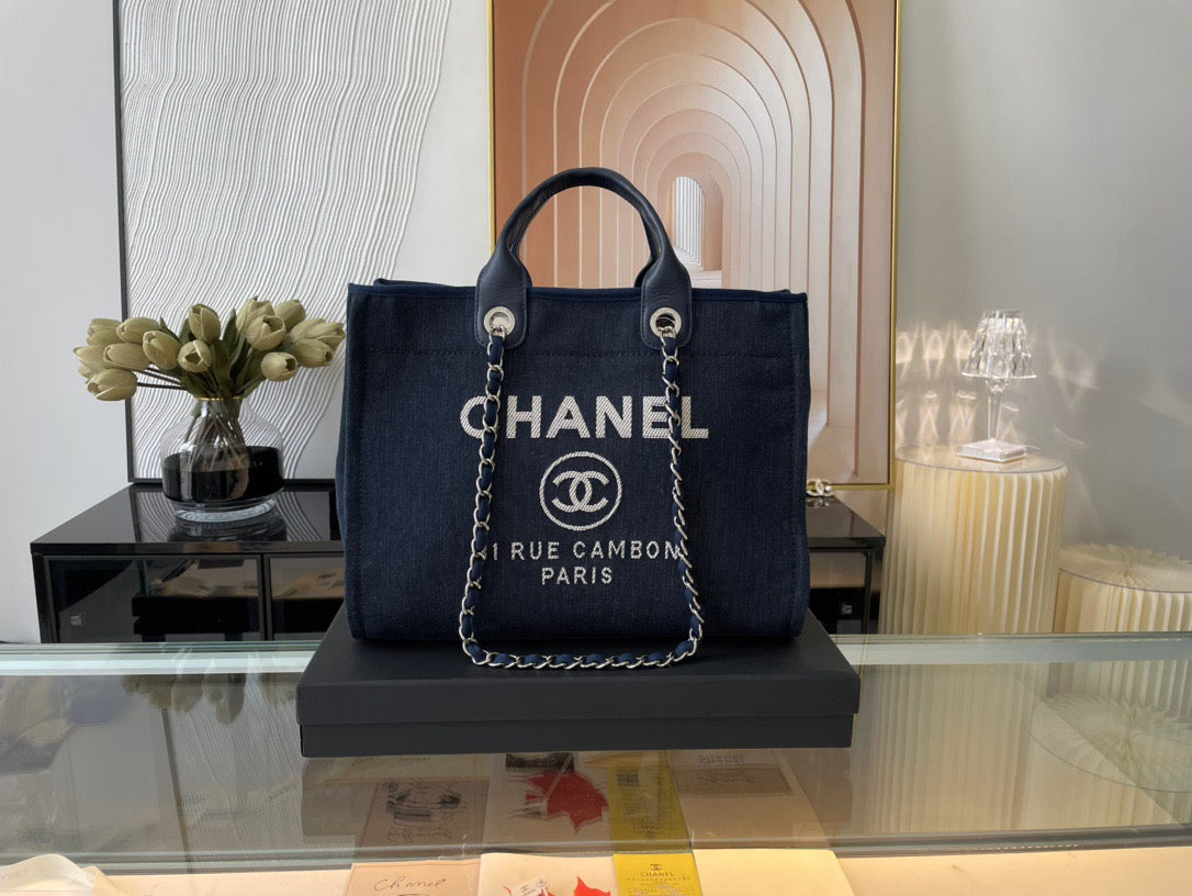 CHANEL Beach Canvas Tote Bag In Dark Blue With Leather Strap