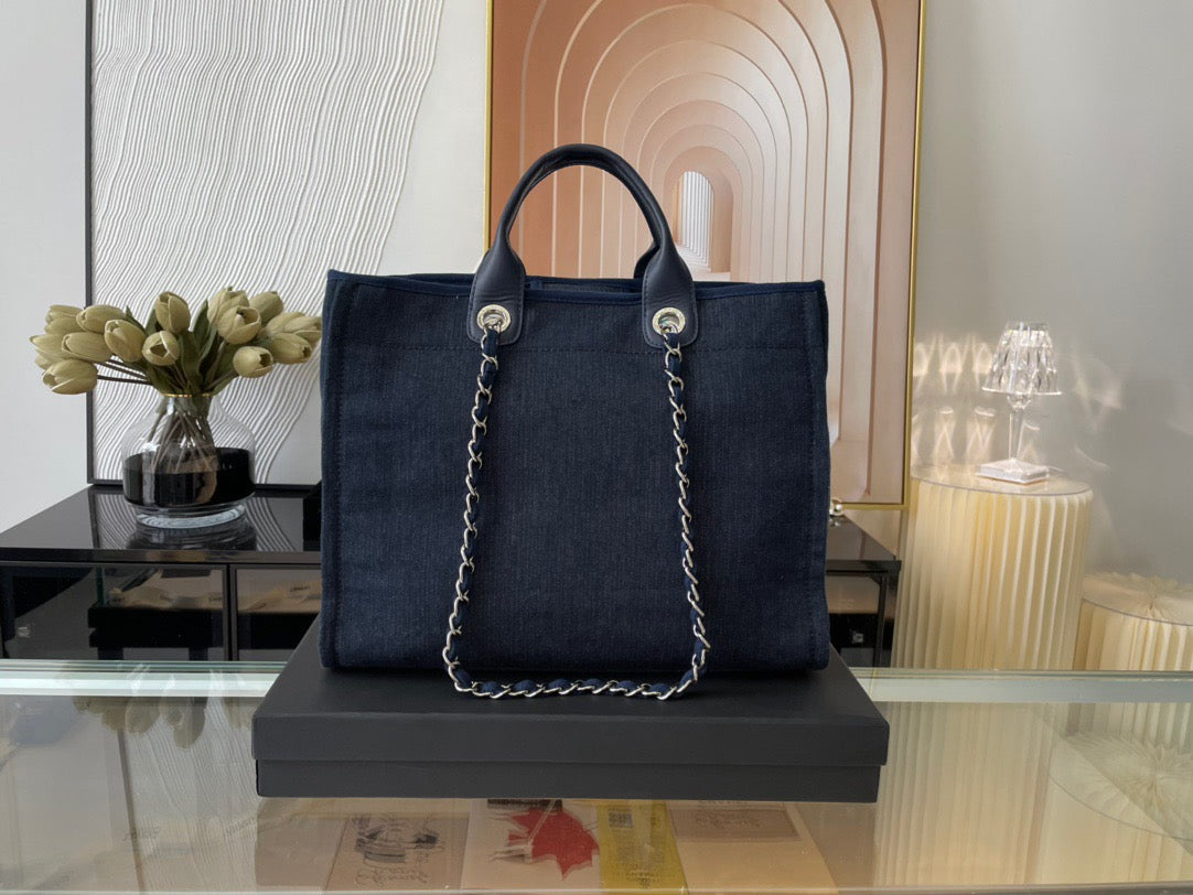 CHANEL Beach Canvas Tote Bag In Dark Blue With Leather Strap