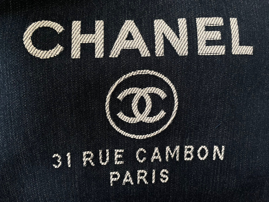 CHANEL Beach Canvas Tote Bag In Dark Blue With Leather Strap