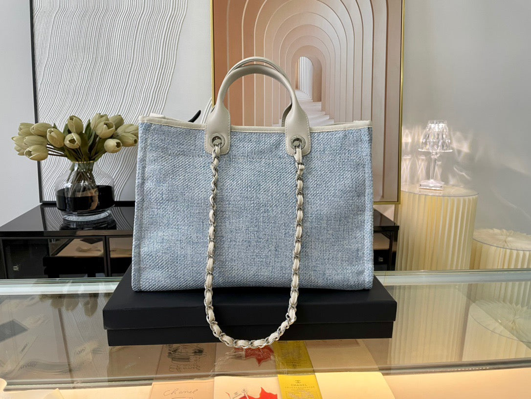 CHANEL Beach Canvas Tote Bag In Light Blue With White Leather Strap