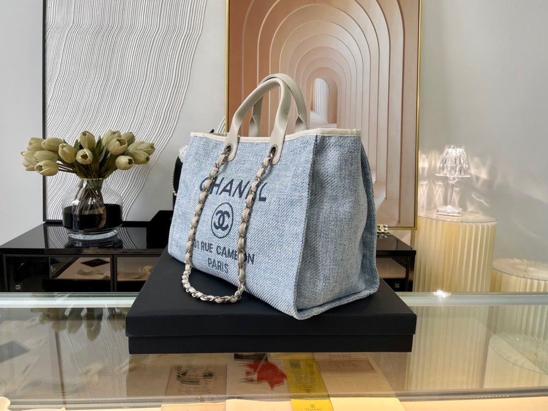 CHANEL Beach Canvas Tote Bag In Light Blue With White Leather Strap