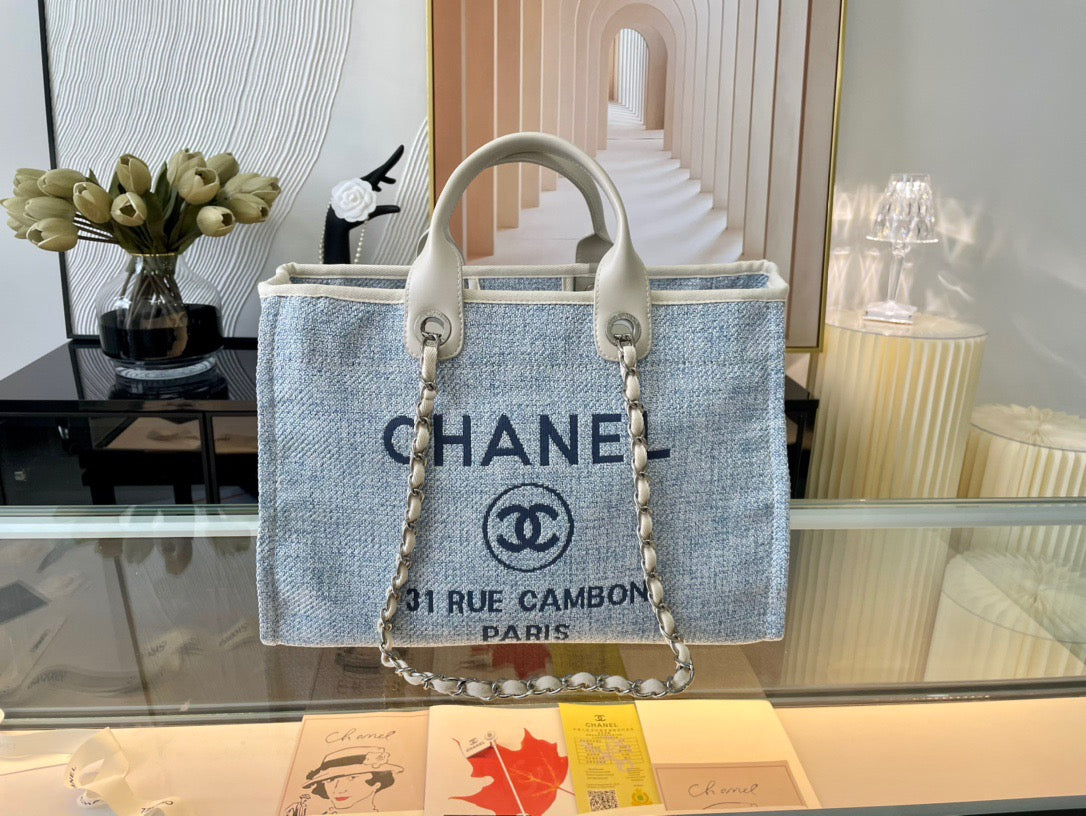 CHANEL Beach Canvas Tote Bag In Light Blue With White Leather Strap