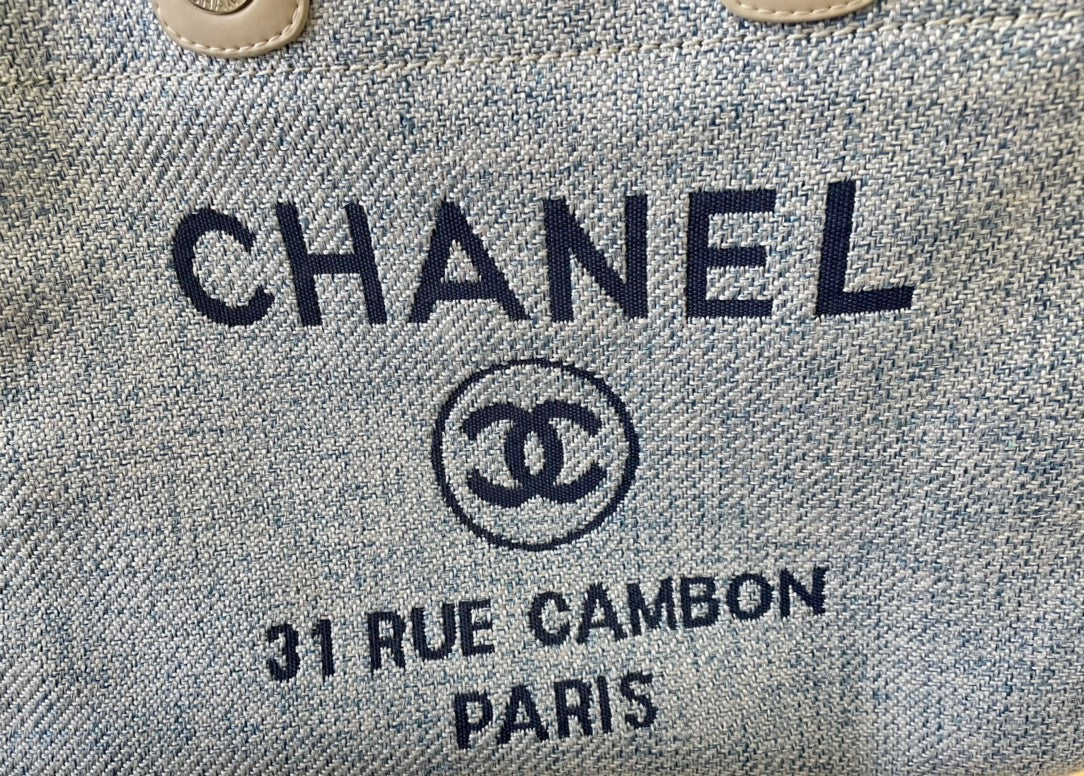 CHANEL Beach Canvas Tote Bag In Light Blue With White Leather Strap