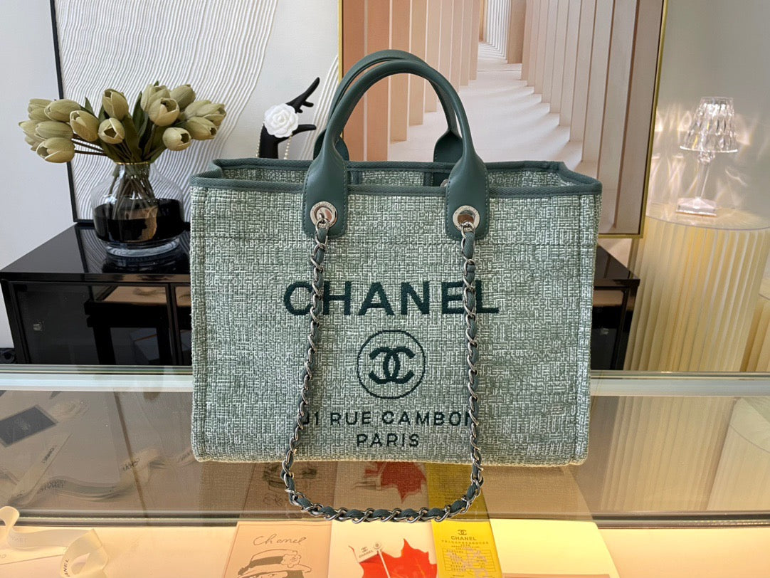 CHANEL Beach Canvas Tote Bag In Green With Green Leather Strap