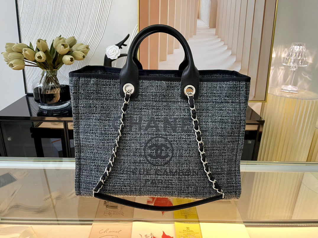 CHANEL Beach Canvas Tote Bag In Gray With Black Leather Strap