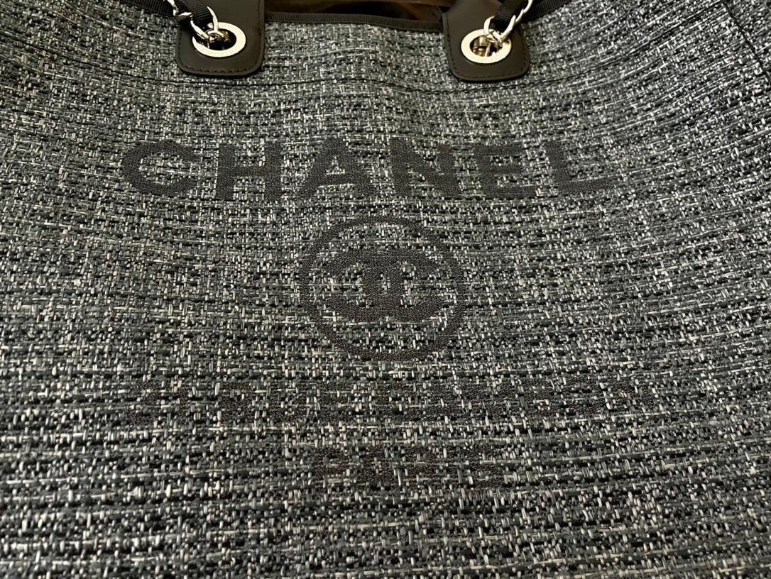 CHANEL Beach Canvas Tote Bag In Gray With Black Leather Strap