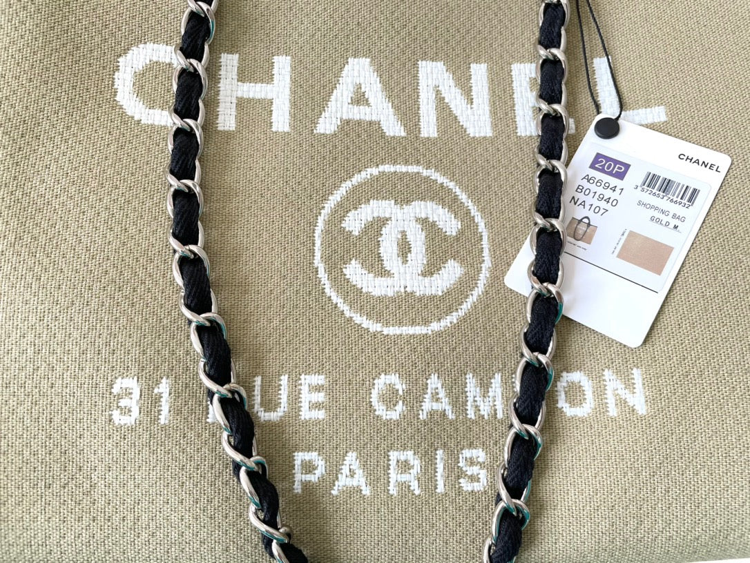 CHANEL Beach Canvas Tote Bag In Light Bown With Black Leather Strap