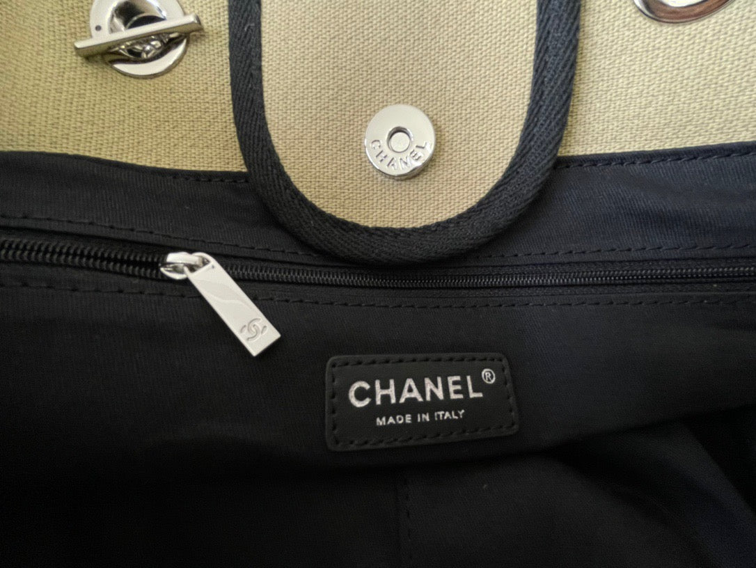 CHANEL Beach Canvas Tote Bag In Light Bown With Black Leather Strap