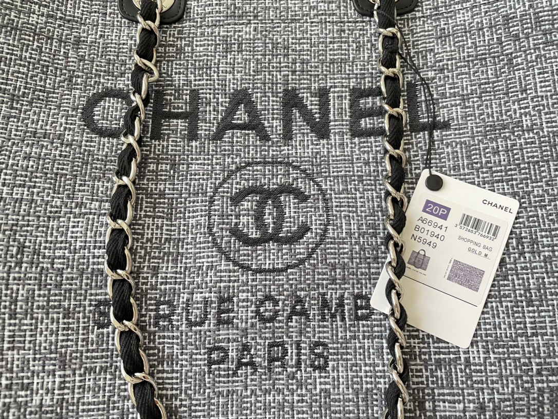 CHANEL Beach Canvas Tote Bag In Gray With Black Leather Strap