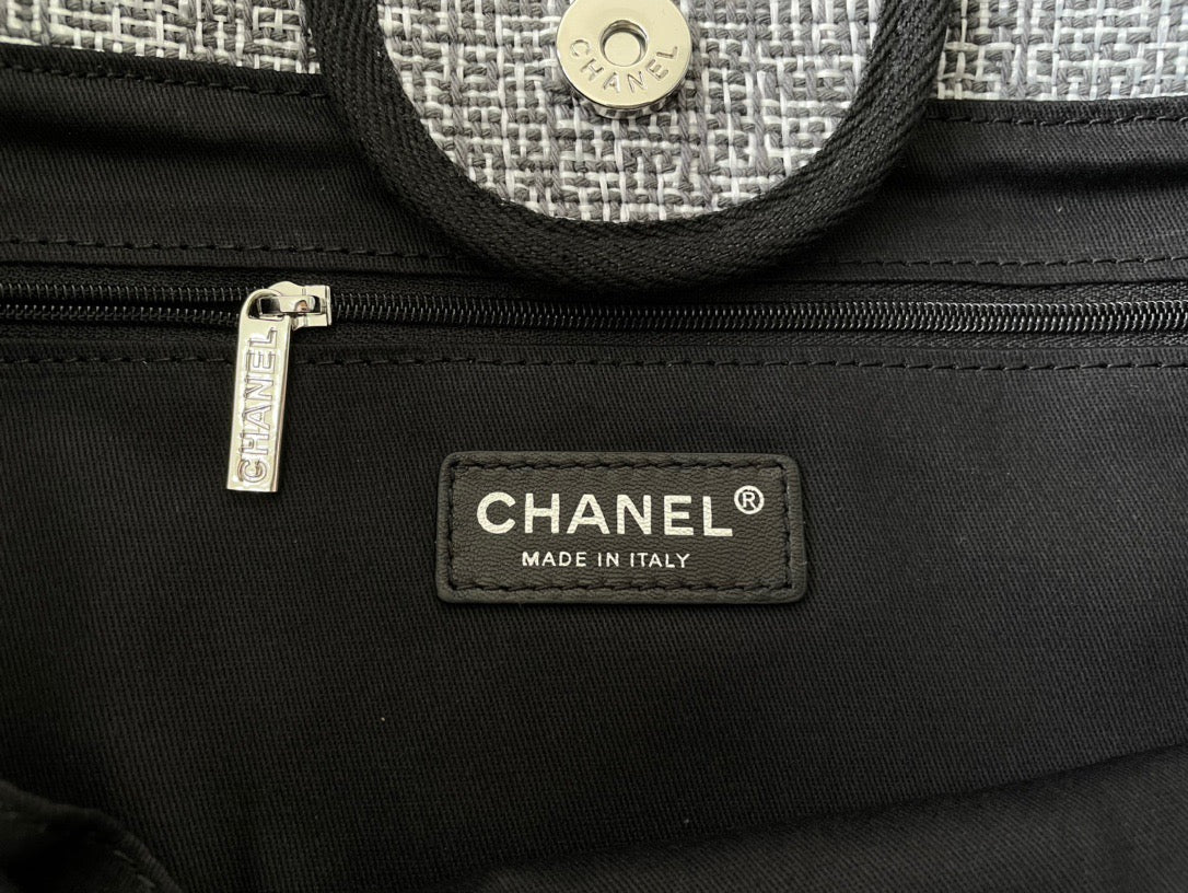 CHANEL Beach Canvas Tote Bag In Gray With Black Leather Strap