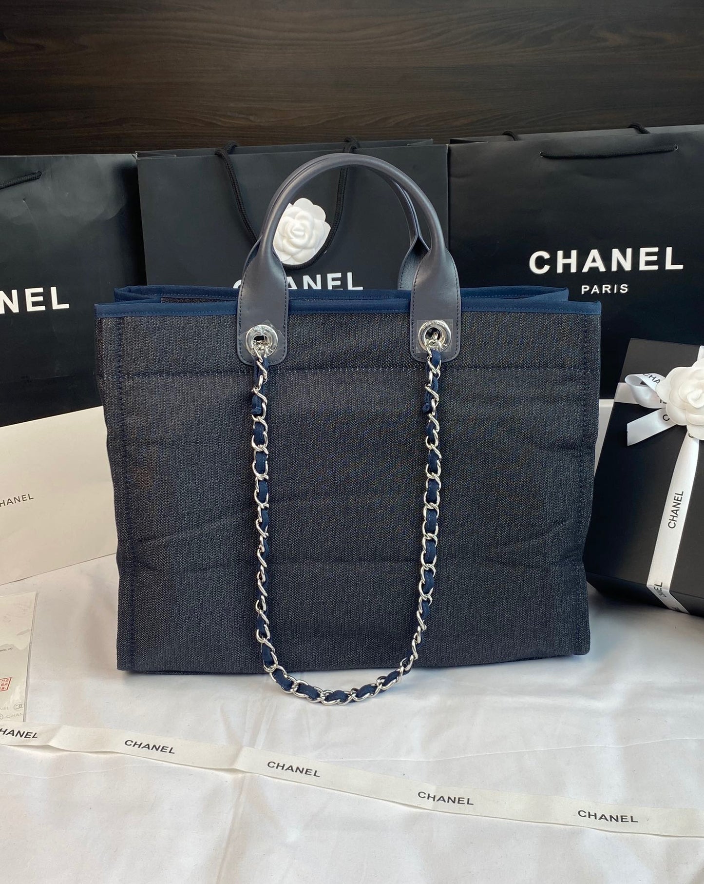 CHANEL Beach Tote Bag In Dark Blue with Silver Tone Chain Link