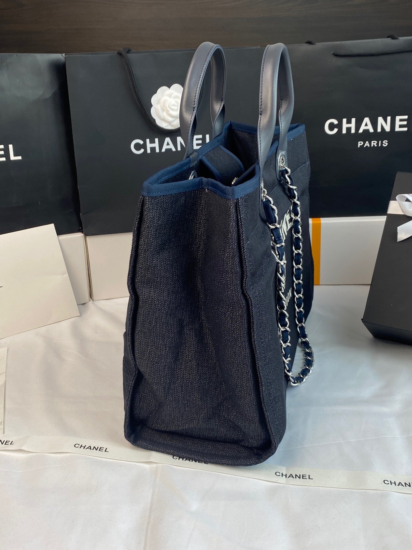 CHANEL Beach Tote Bag In Dark Blue with Silver Tone Chain Link