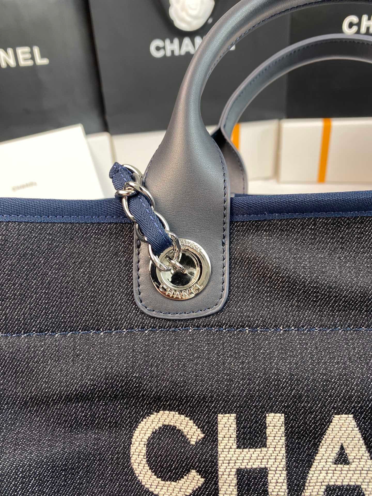 CHANEL Beach Tote Bag In Dark Blue with Silver Tone Chain Link