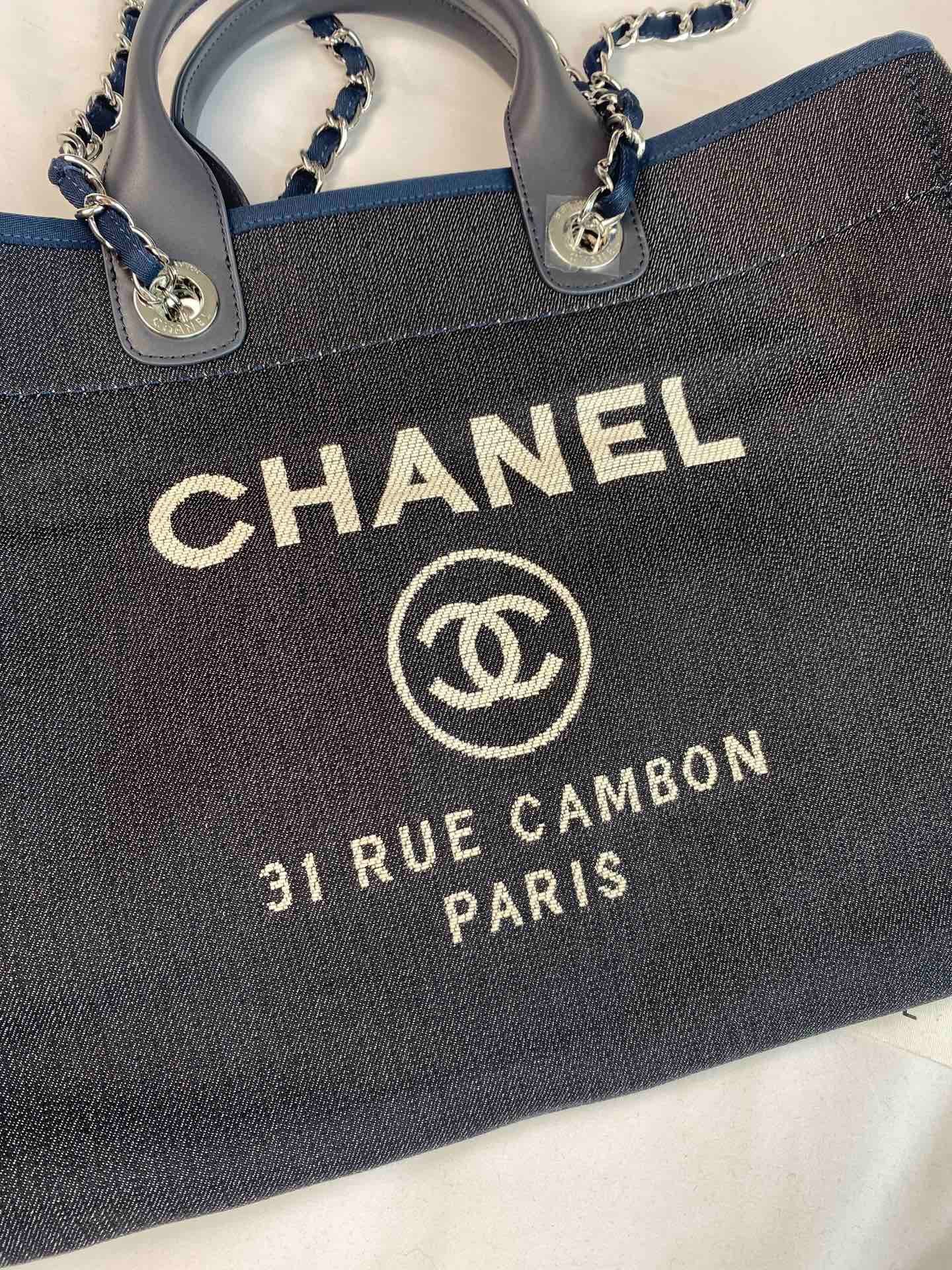 CHANEL Beach Tote Bag In Dark Blue with Silver Tone Chain Link