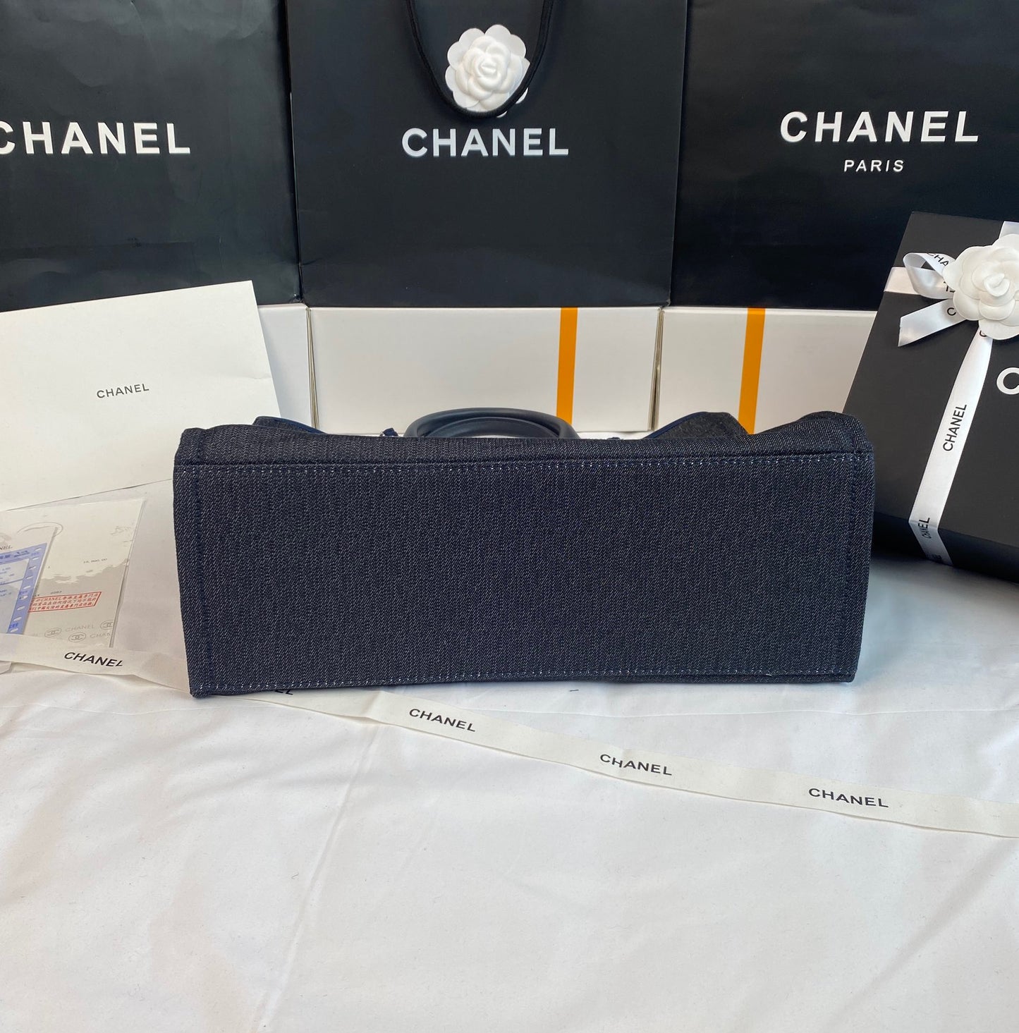 CHANEL Beach Tote Bag In Dark Blue with Silver Tone Chain Link