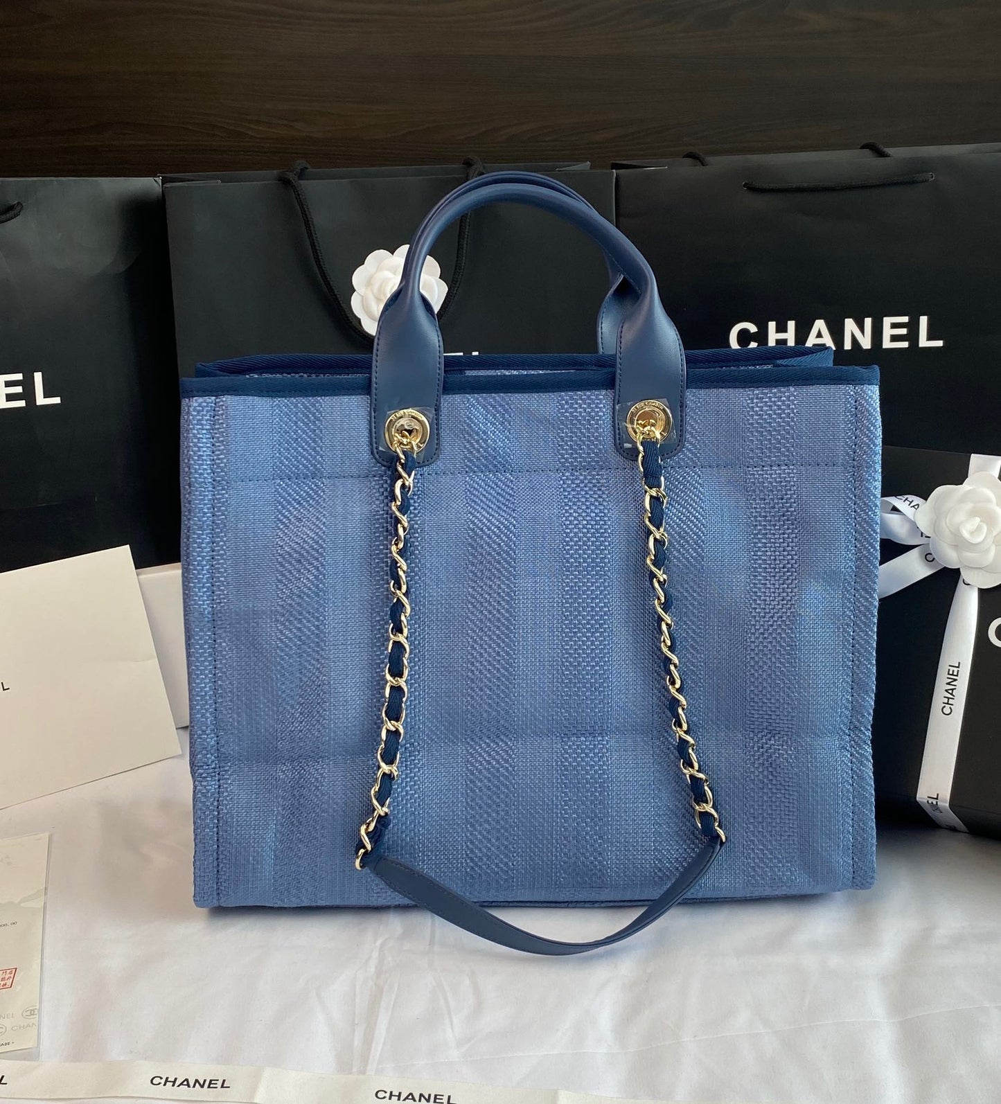 CHANEL Beach Canvas Tote Bag In Denim Blue With Blue Leather Strap