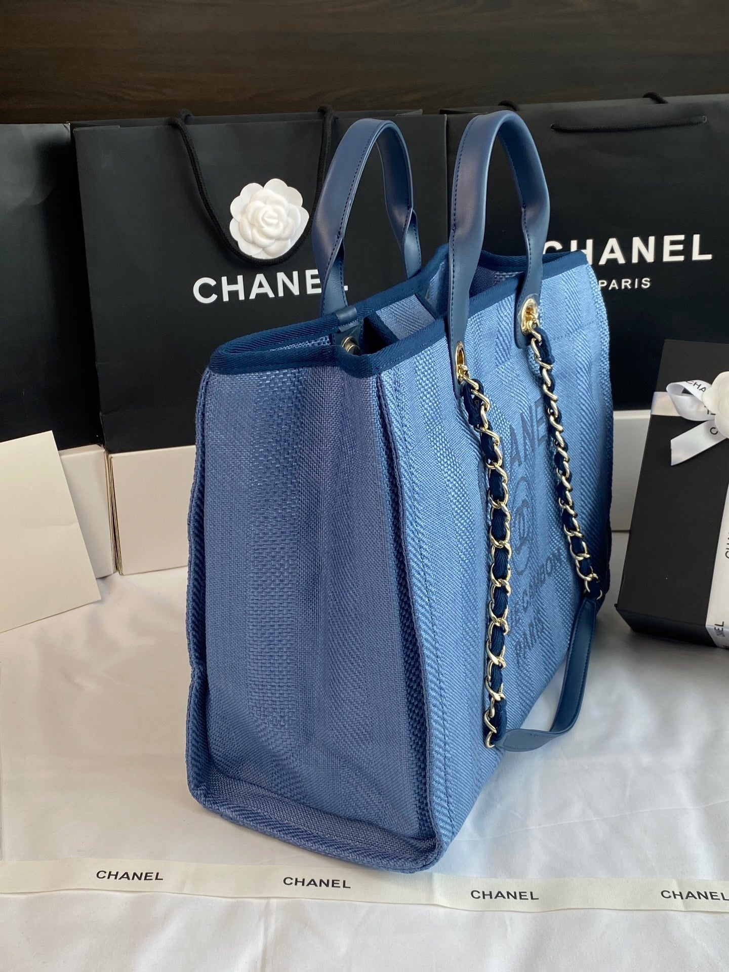 CHANEL Beach Canvas Tote Bag In Denim Blue With Blue Leather Strap