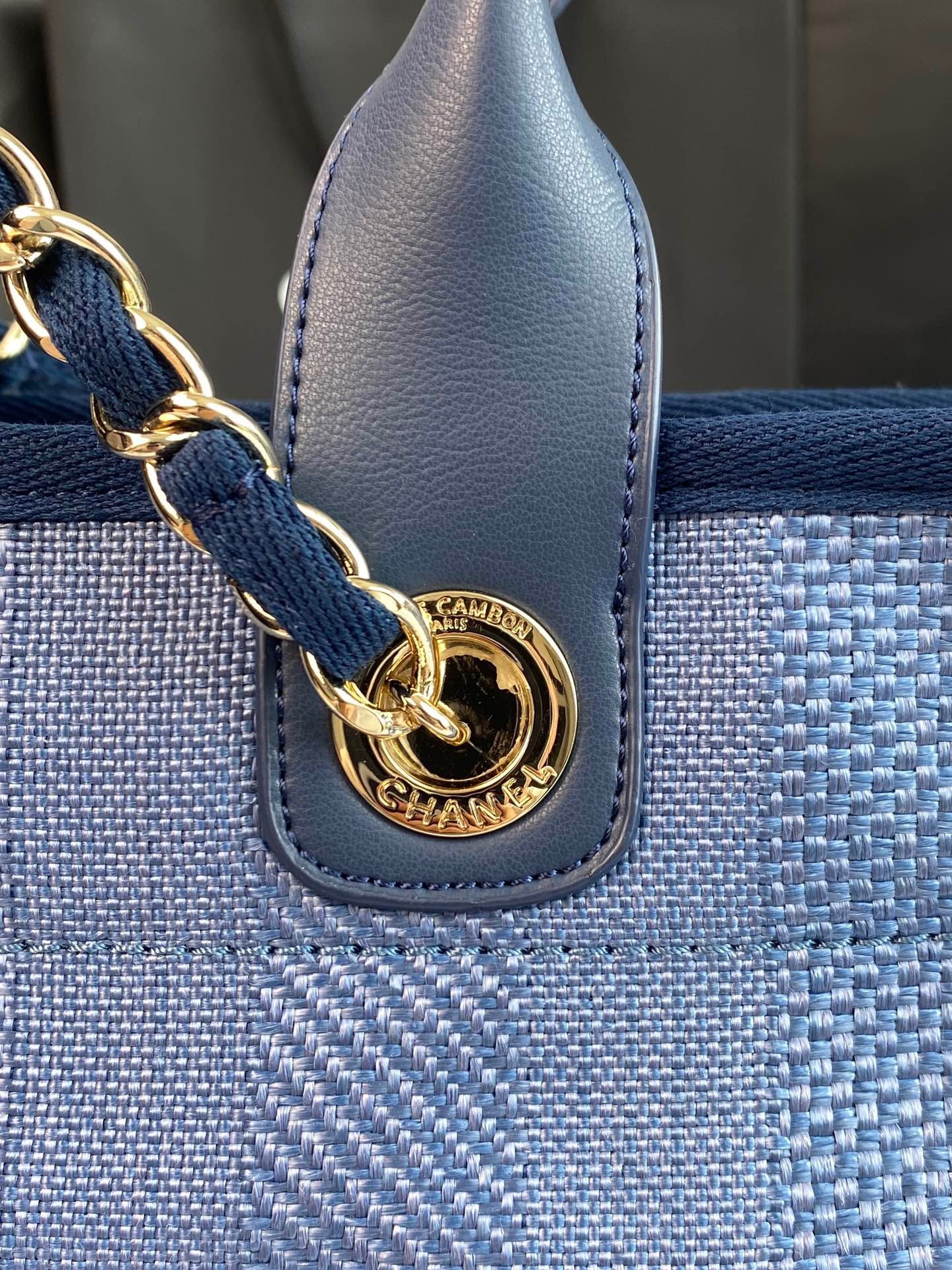 CHANEL Beach Canvas Tote Bag In Denim Blue With Blue Leather Strap