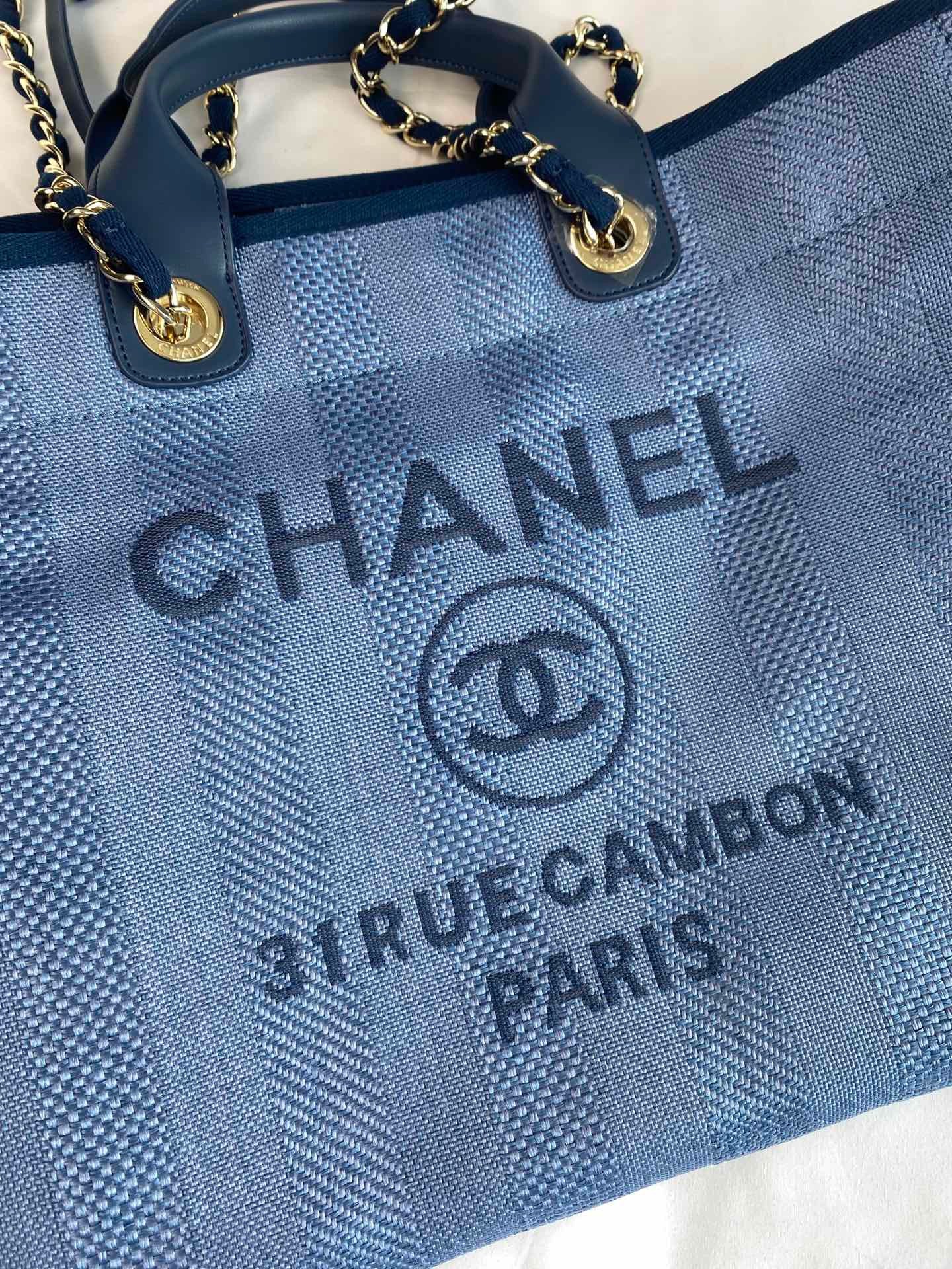 CHANEL Beach Canvas Tote Bag In Denim Blue With Blue Leather Strap