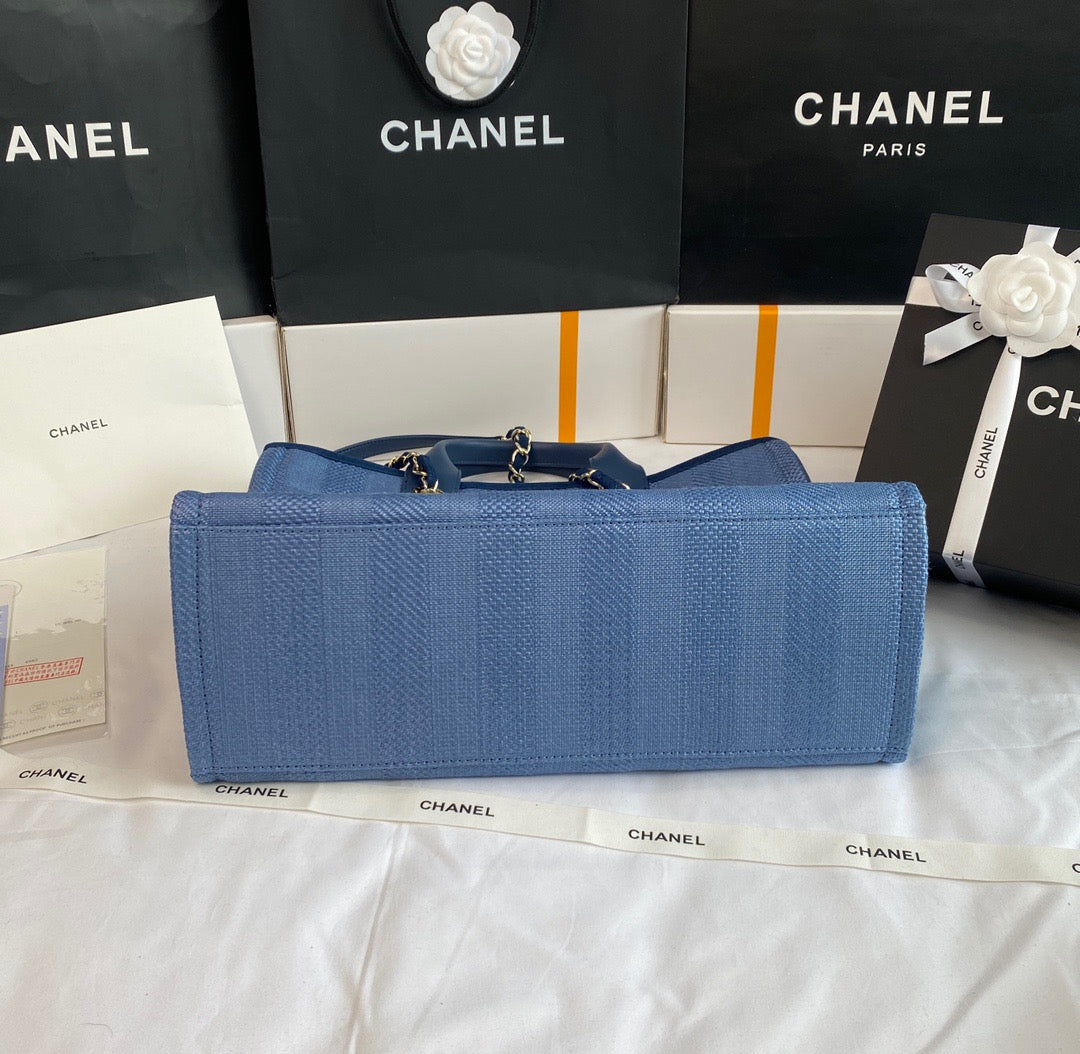 CHANEL Beach Canvas Tote Bag In Denim Blue With Blue Leather Strap