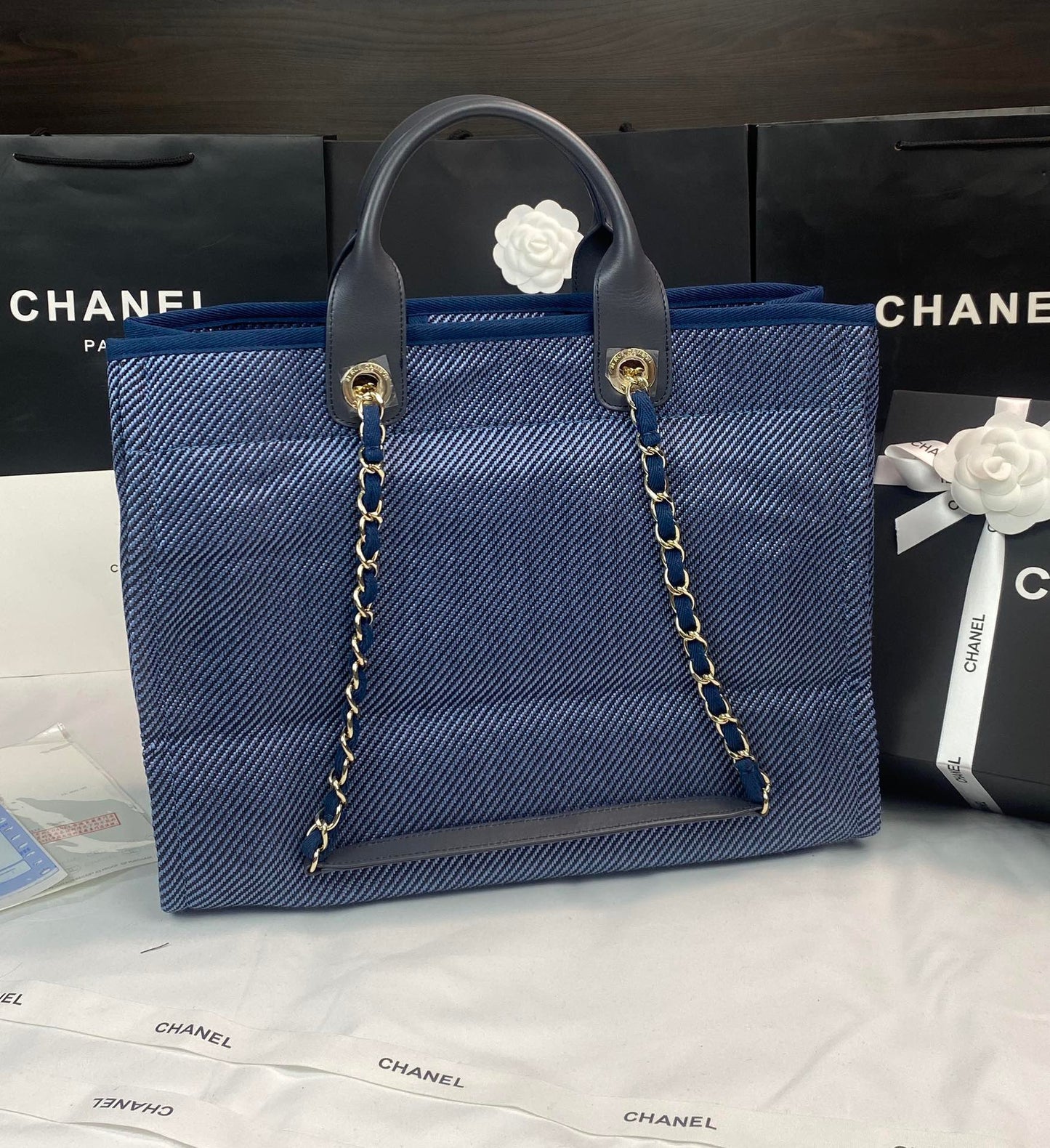 CHANEL Beach Canvas Tote Bag In Denim Blue With Black Leather Strap