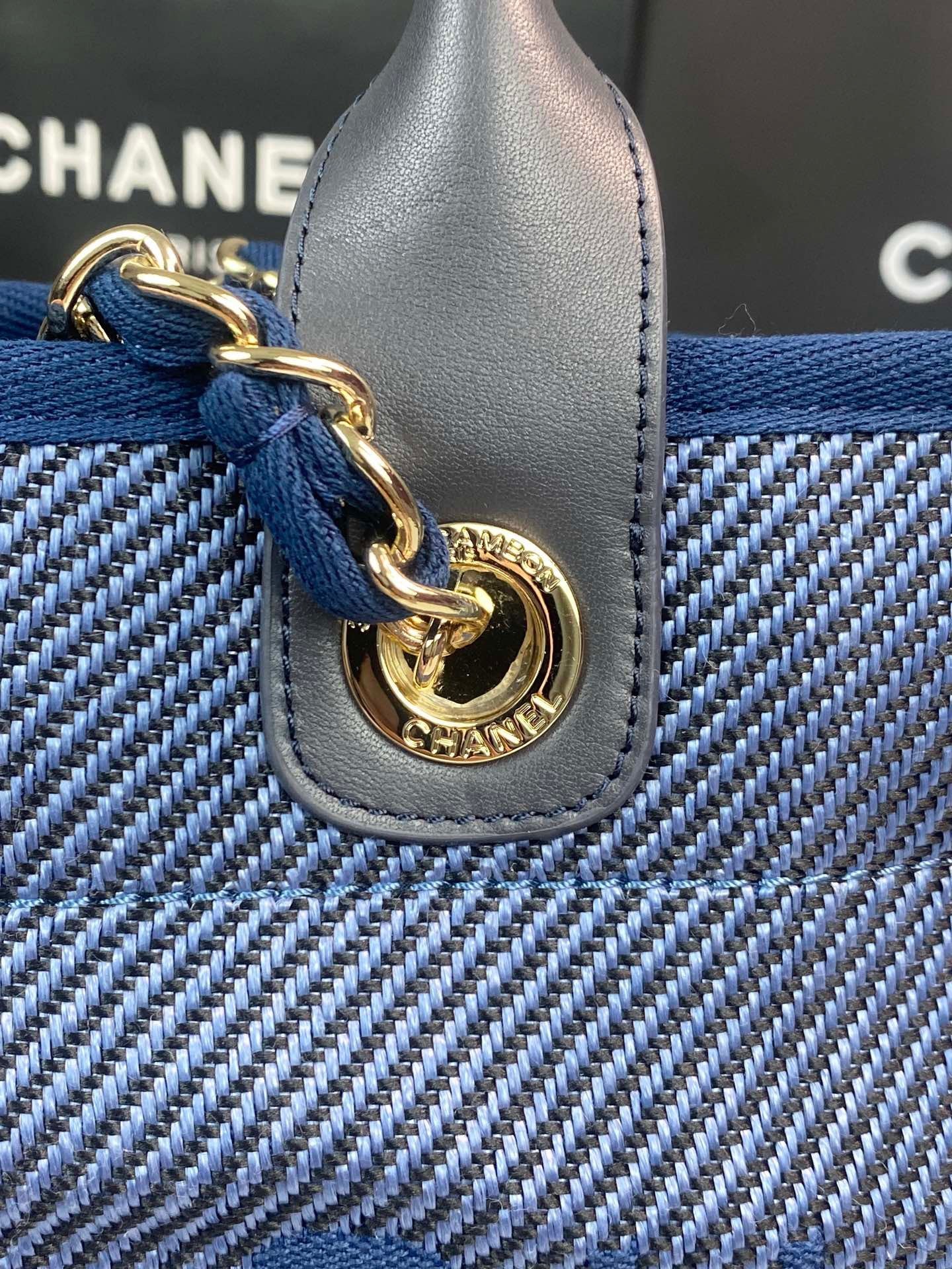 CHANEL Beach Canvas Tote Bag In Denim Blue With Black Leather Strap