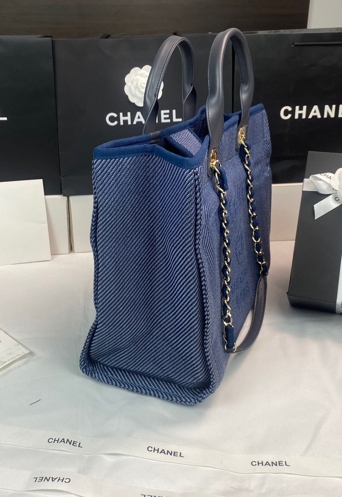 CHANEL Beach Canvas Tote Bag In Denim Blue With Black Leather Strap