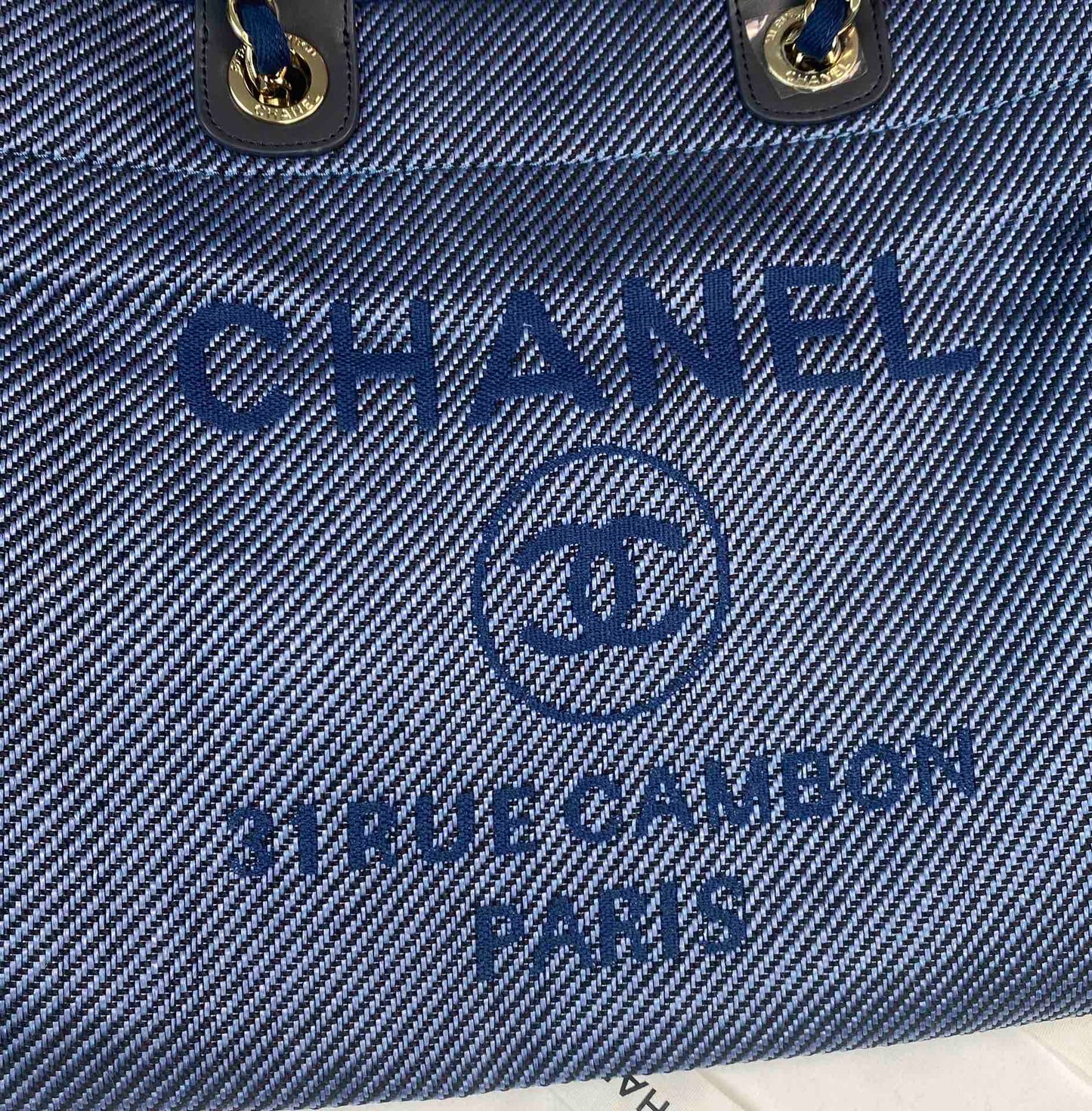 CHANEL Beach Canvas Tote Bag In Denim Blue With Black Leather Strap