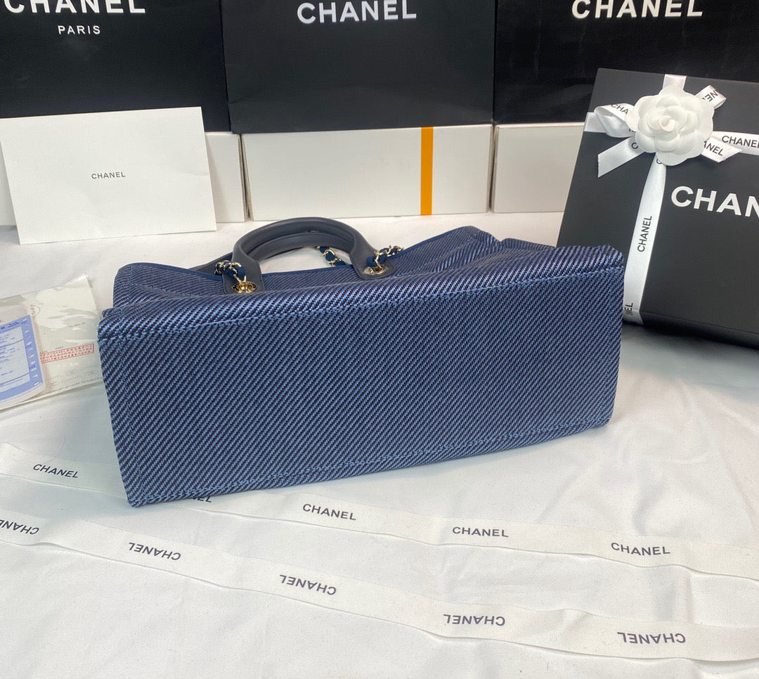 CHANEL Beach Canvas Tote Bag In Denim Blue With Black Leather Strap