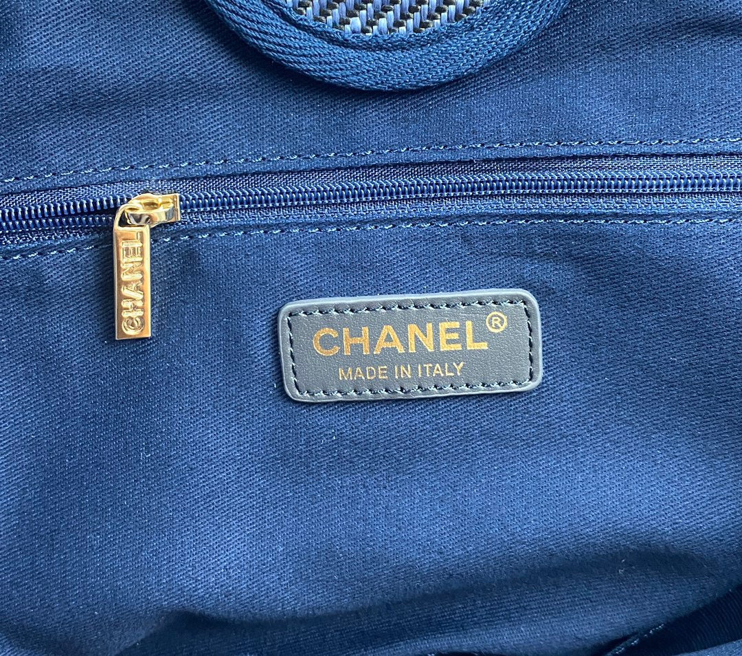 CHANEL Beach Canvas Tote Bag In Denim Blue With Black Leather Strap