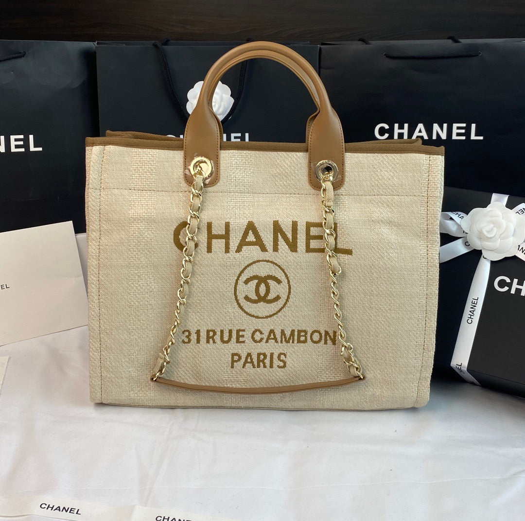 CHANEL Beach Canvas Tote Bag In Beige With Light Brown Leather Strap