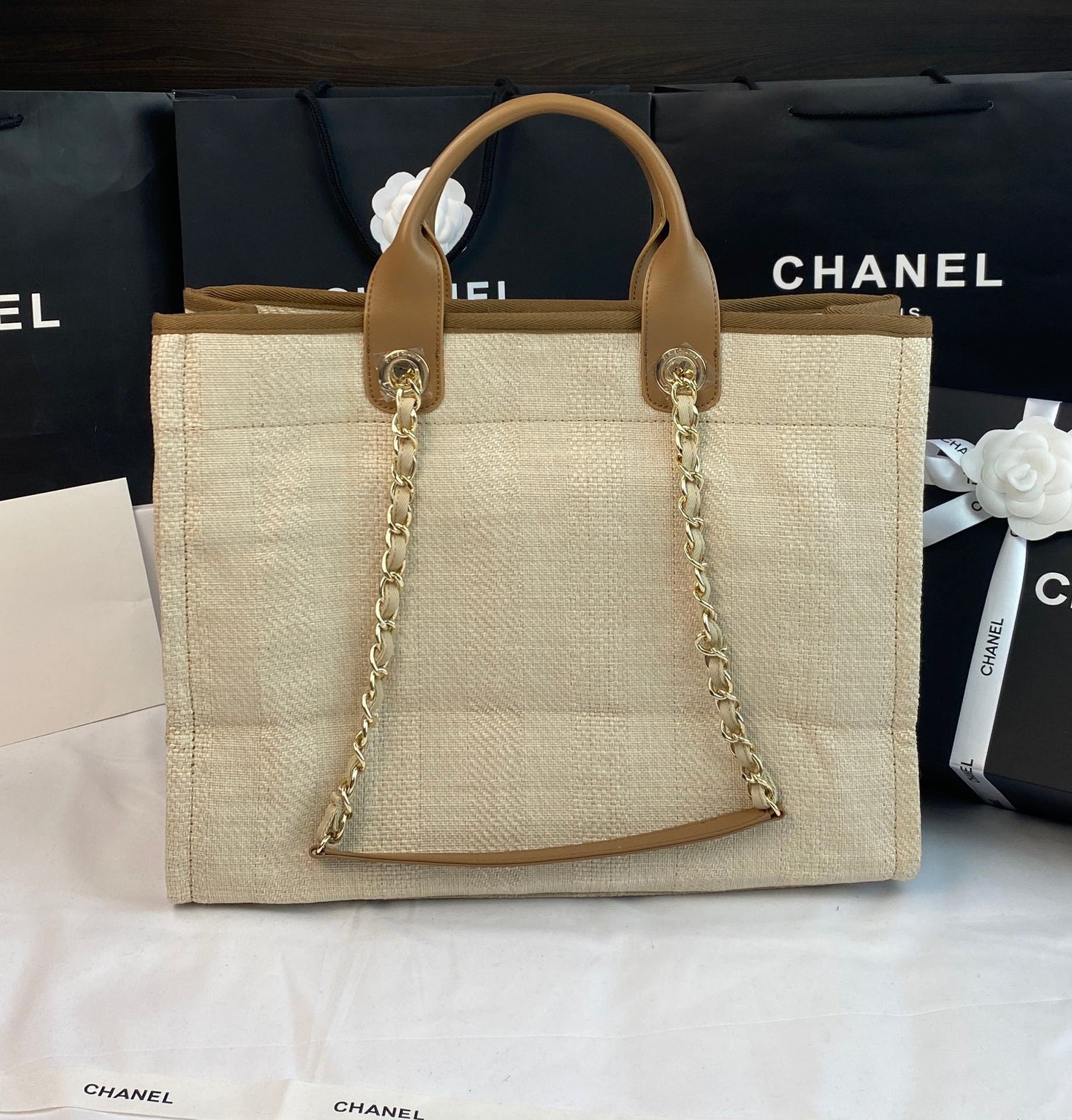 CHANEL Beach Canvas Tote Bag In Beige With Light Brown Leather Strap