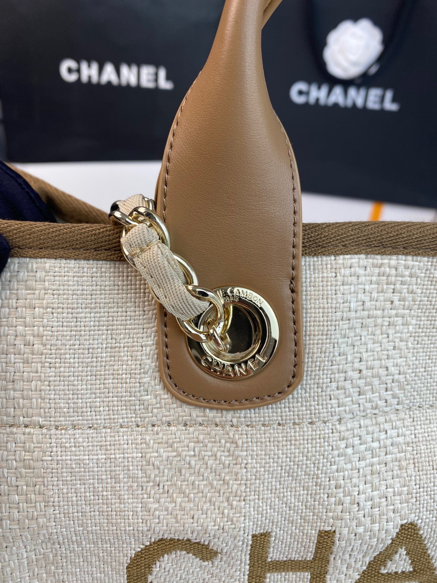 CHANEL Beach Canvas Tote Bag In Beige With Light Brown Leather Strap