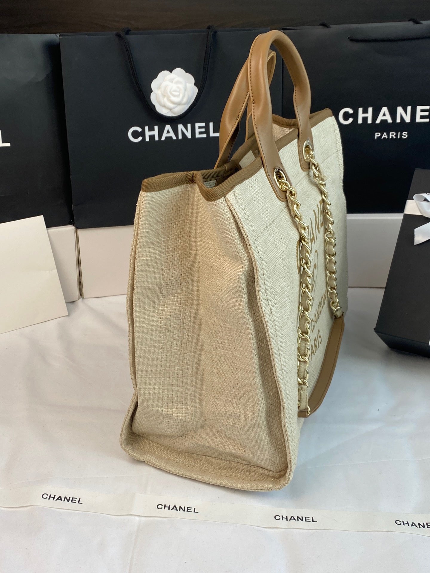 CHANEL Beach Canvas Tote Bag In Beige With Light Brown Leather Strap