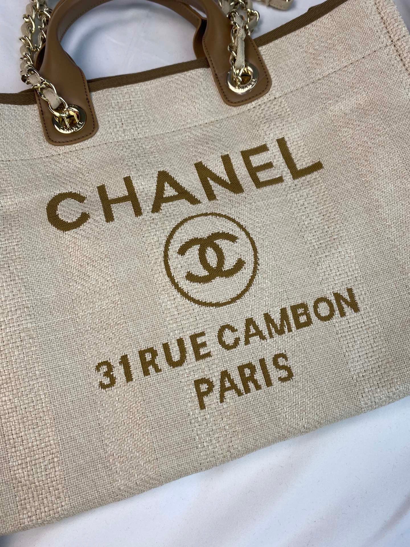 CHANEL Beach Canvas Tote Bag In Beige With Light Brown Leather Strap