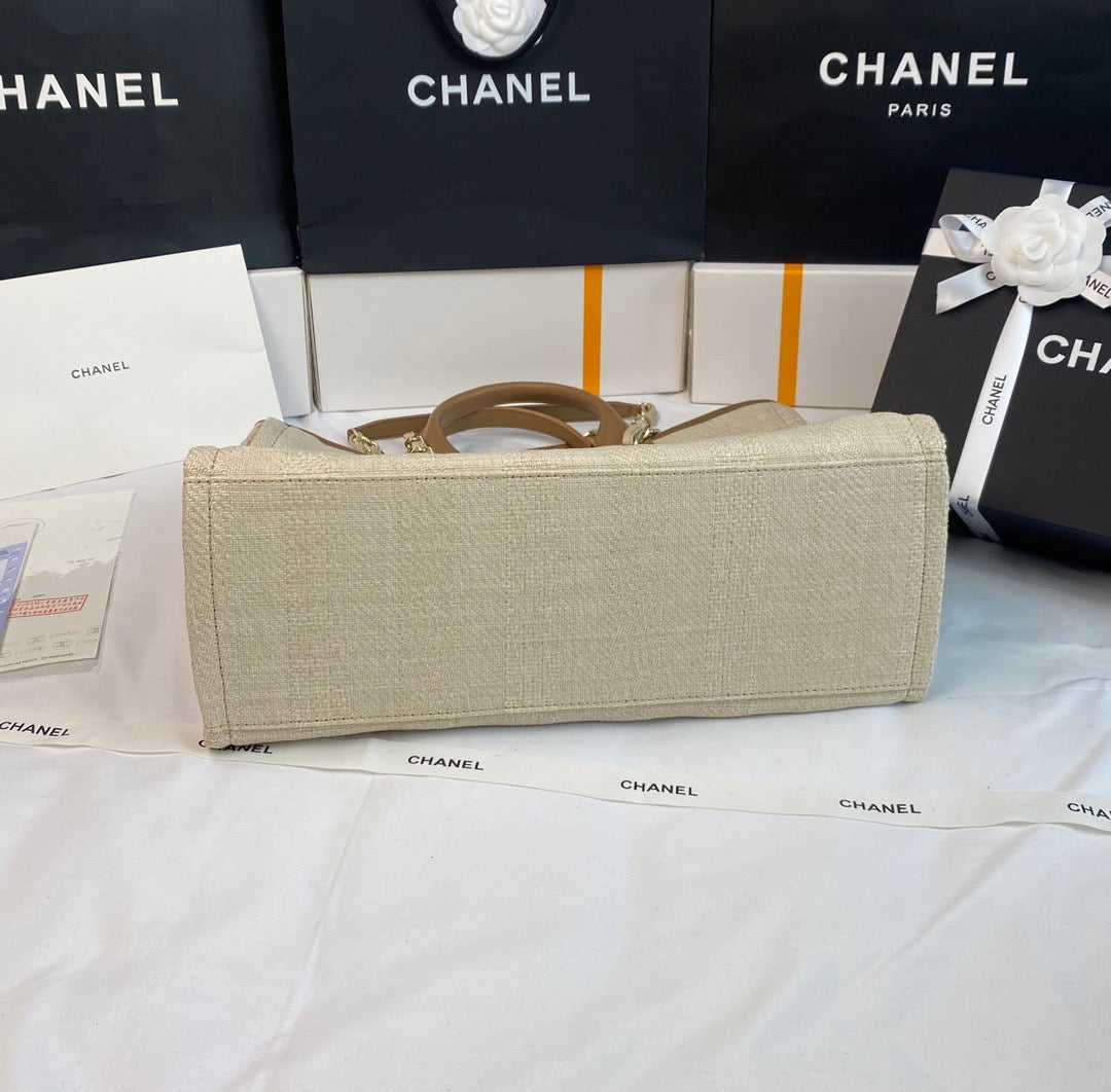 CHANEL Beach Canvas Tote Bag In Beige With Light Brown Leather Strap