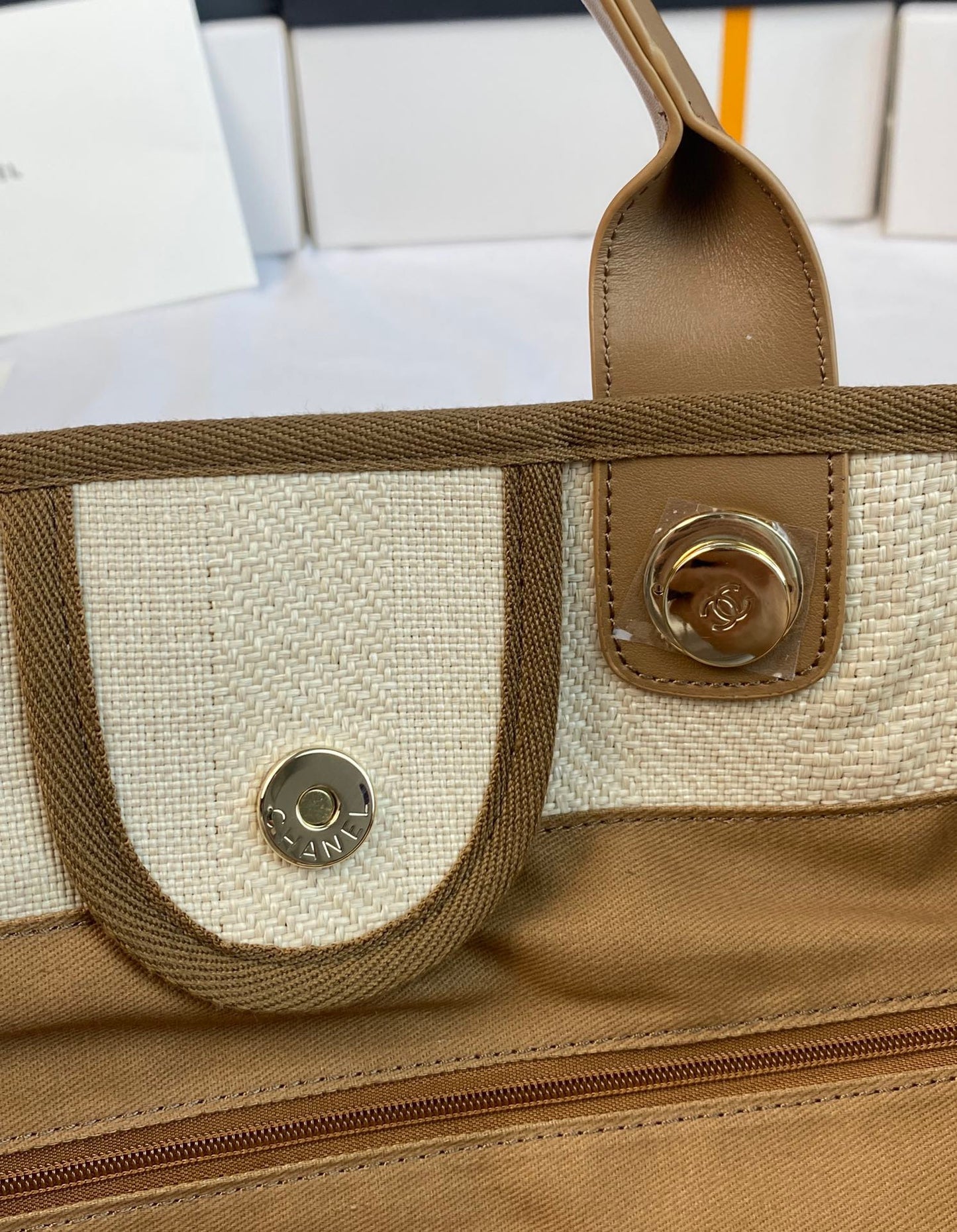 CHANEL Beach Canvas Tote Bag In Beige With Light Brown Leather Strap