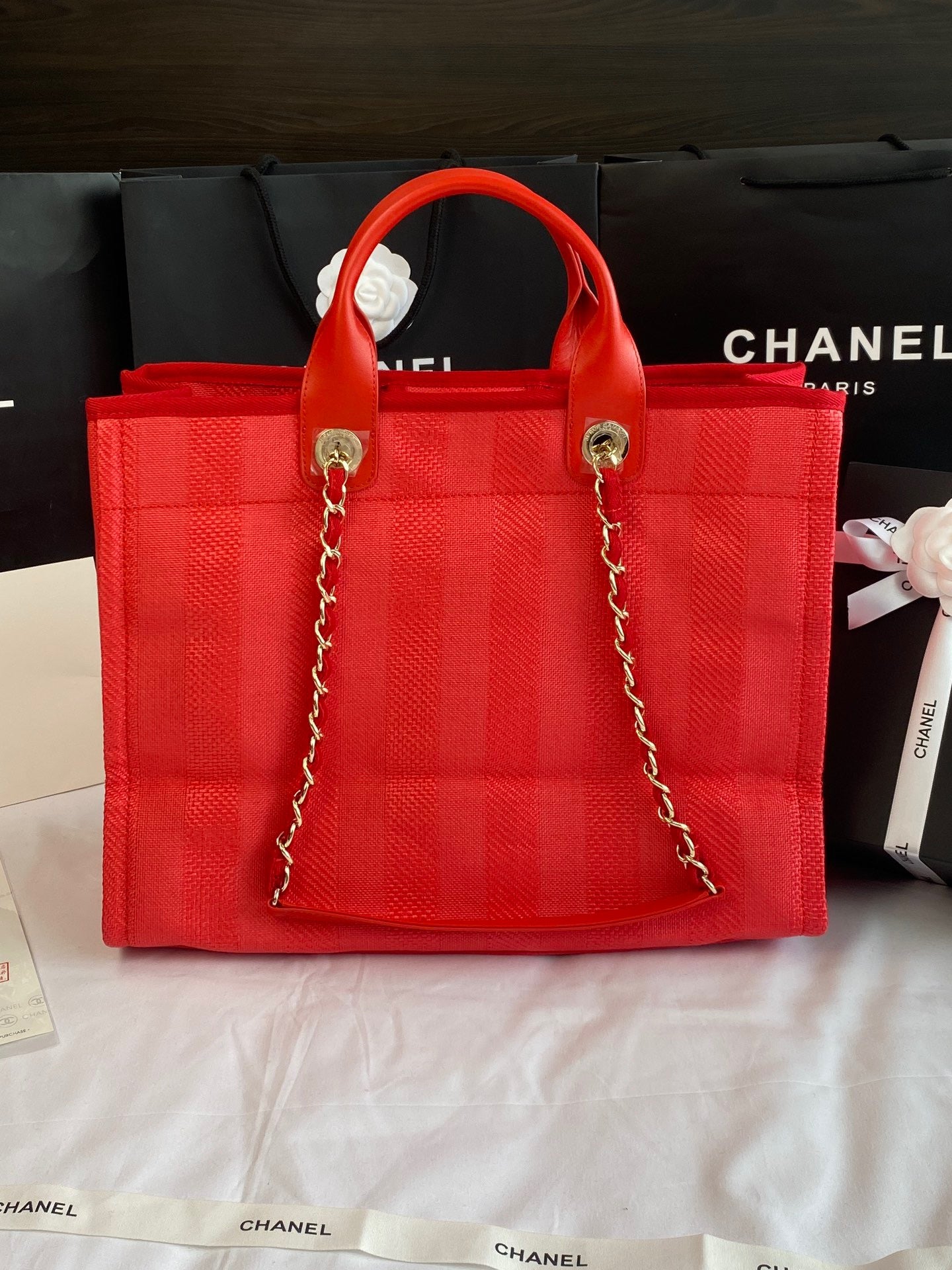 CHANEL Beach Canvas Tote Bag In Red With Red Leather Strap